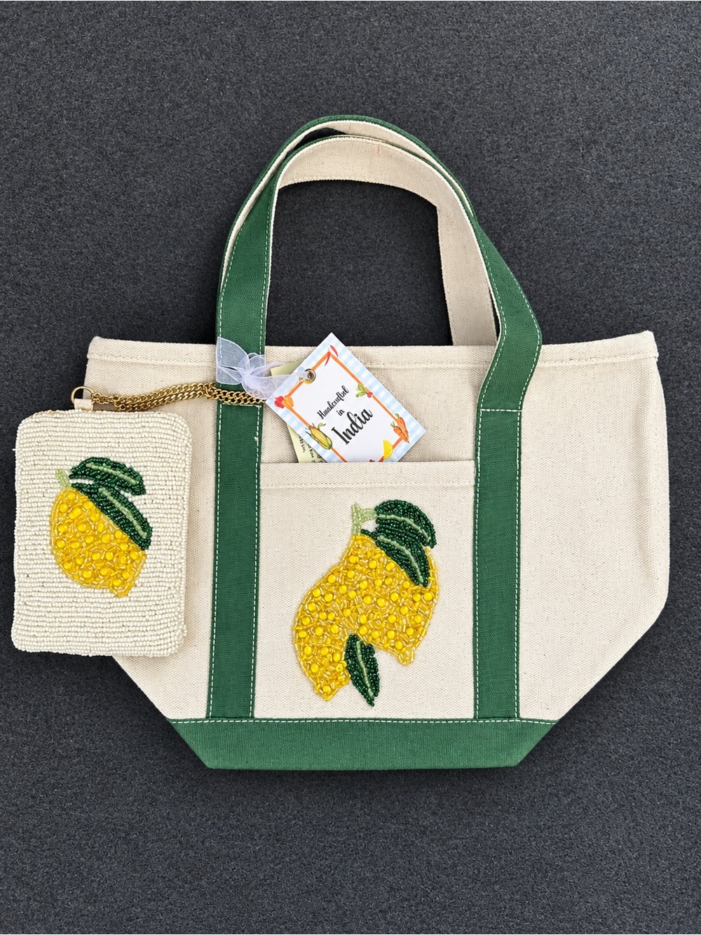 Viral Beaded Canvas Lemon Tote Bag with Coin Pouch - Made in India